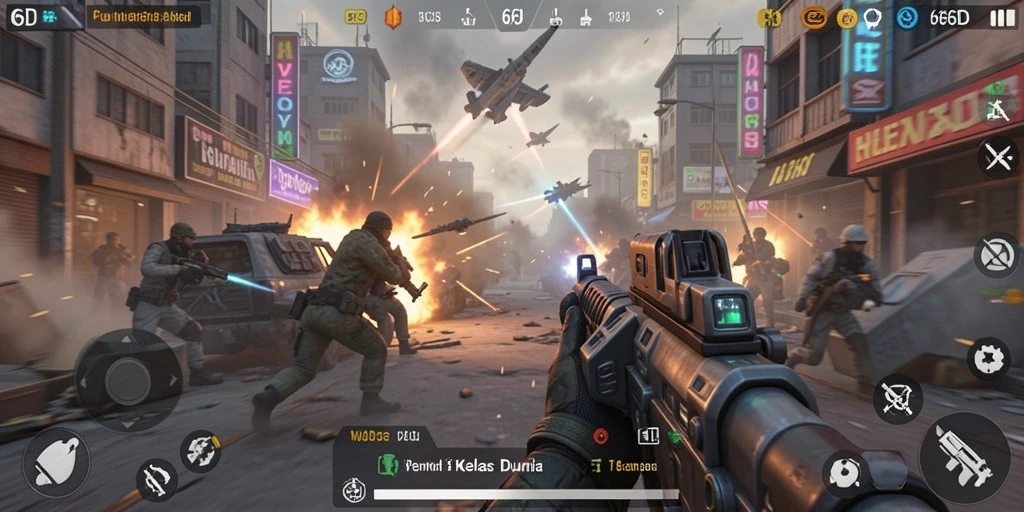 Gameplay mendebarkan dalam 66D dengan pertempuran FPS yang intens.