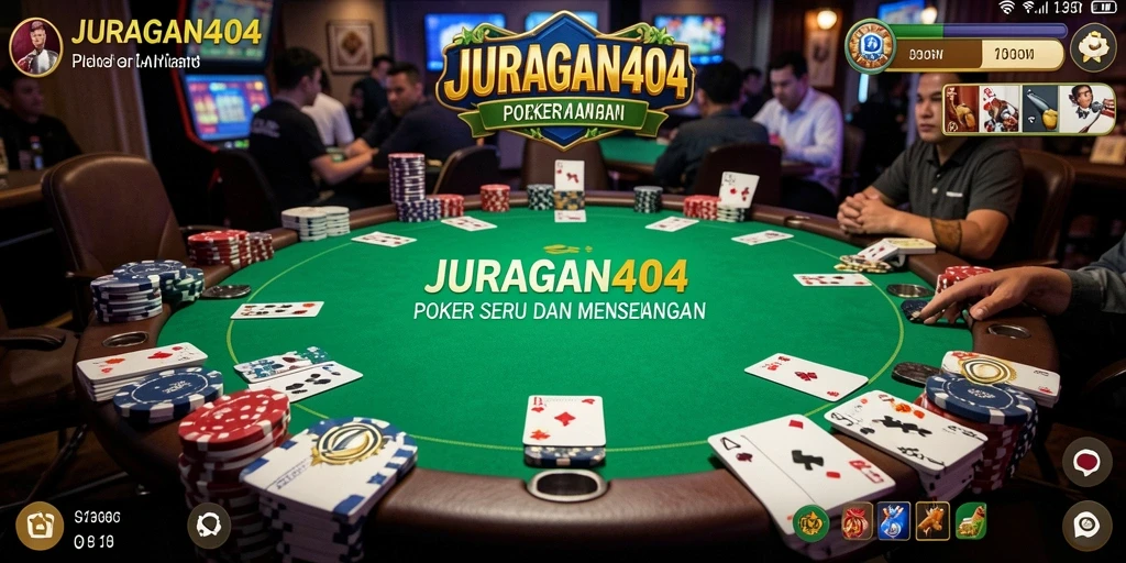 Screenshot JURAGAN404 menunjukkan suasana gameplay poker yang mendebarkan.