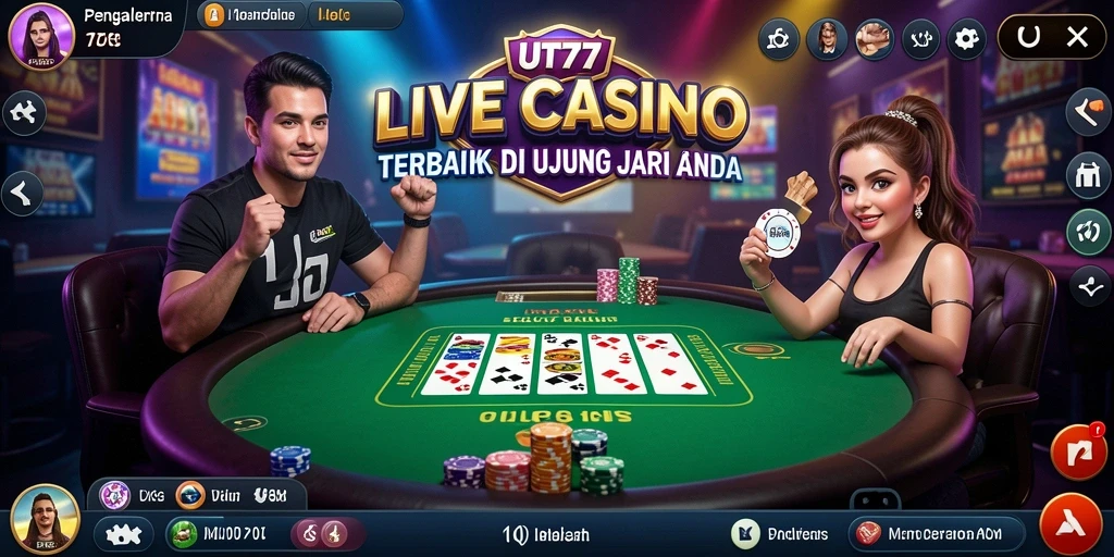 Screenshot UT77 menampilkan dealer langsung yang sedang berinteraksi dengan pemain.